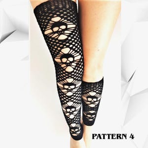 May include: Black crochet leg warmers featuring a repeating skull pattern integrated into a net-like mesh design. The leg warmers extend from the upper thigh to the lower calf, showcasing a detailed openwork texture with the text PATTERN 4.