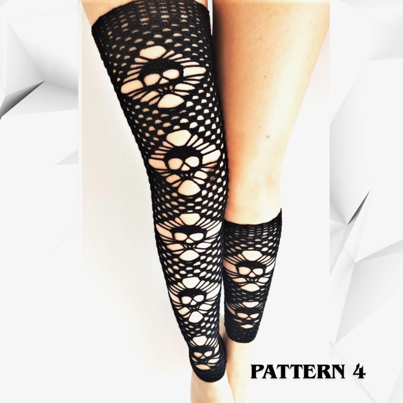 May include: Black crochet leg warmers featuring a repeating skull pattern integrated into a net-like mesh design. The leg warmers extend from the upper thigh to the lower calf, showcasing a detailed openwork texture with the text PATTERN 4.