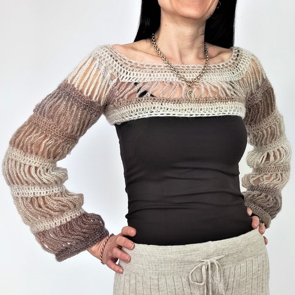 Crochet Shrug Sleeves Pattern, Mohair Cropped Sweater Long Sleeves Mesh Top