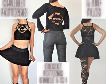 Crochet Pattern Gothic Clothes-Thigh High Socks, Skirt, Sweater, Skull Crochet Halter Top, Tank Top, Set 5 in 1