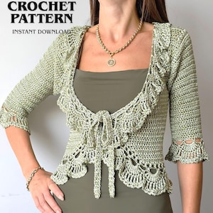Crochet Cardigan Pattern, Tie Front Bolero Shrug, Spring Summer Ruffle Top