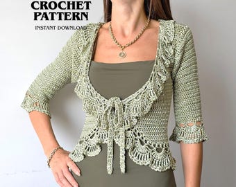 Crochet Cardigan Pattern, Wrap Top, Tie Front Bolero Shrug, Fall