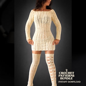 Puede incluir: Vestido de crochet color crema con mangas largas y escote cuadrado. Medias altas a juego con detalles calados. La imagen incluye el texto "2 Crochet Patterns Bundle Instant Download."