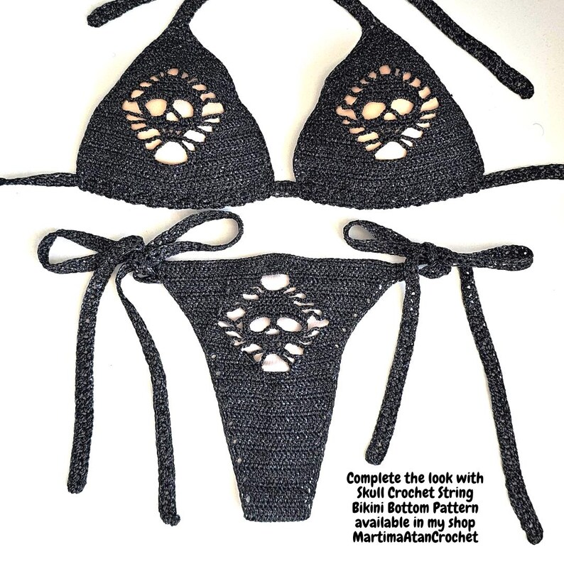 May include: A black crochet bikini set featuring a skull motif integrated into the fabric of the triangle top and the tie-side bottom. The text in the image reads: Complete the look with Skull Crochet String Bikini Bottom Pattern available in my shop MartimaAtanCrochet.