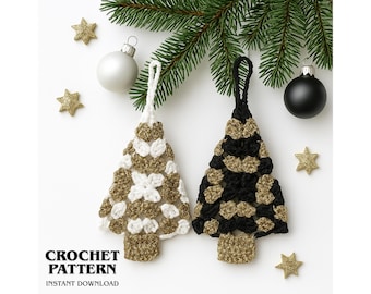 May include: Two crocheted Christmas tree ornaments with hanging loops. One tree features white and gold yarn, while the other is black and gold. The text CROCHET PATTERN INSTANT DOWNLOAD is visible in the bottom left corner of the image.