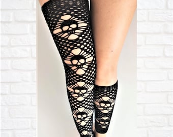 Crochet Pattern Goth Thigh High Socks, Leg Warmers Skull Leggings, Knee High Socks