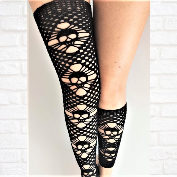 Crochet Pattern Goth Thigh High Socks, Leg Warmers Skull Leggings, Knee High Socks