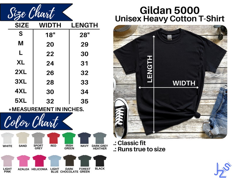 Pu&ograve; includere: Tabella delle taglie per una T-shirt unisex in cotone pesante Gildan 5000. La tabella mostra le taglie dalla S alla 5XL con le corrispondenti misure di larghezza e lunghezza in pollici. Una T-shirt nera &egrave; mostrata con le misure di larghezza e lunghezza contrassegnate. Una tabella dei colori mostra diversi colori di T-shirt, tra cui bianco, sabbia, grigio sportivo, rosso, verde irlandese, blu navy, grigio scuro melange, rosa chiaro, azalea, heliconia, blu chiaro, cioccolato scuro, verde bosco e nero.