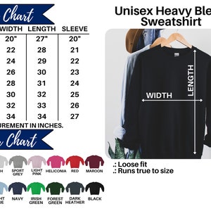 Peut inclure: Tableau des tailles pour un sweat-shirt unisexe en m&eacute;lange lourd. Le tableau indique la largeur, la longueur et la longueur des manches en pouces pour les tailles S &agrave; 5XL. Un sweat-shirt noir est pr&eacute;sent&eacute; avec les mesures indiqu&eacute;es pour la largeur, la longueur et la longueur des manches. Le nuancier pr&eacute;sente 12 couleurs diff&eacute;rentes de sweat-shirts.