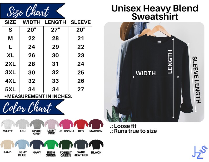 May include: Size chart for a unisex heavy blend sweatshirt. The chart shows the width, length, and sleeve length in inches for sizes S through 5XL. A black sweatshirt is shown with measurements labeled for width, length, and sleeve length. The color chart shows 12 different colors for the sweatshirt.