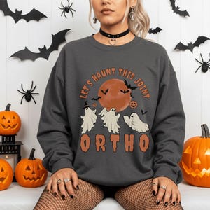 Könnte beinhalten: Dunkelgraues Sweatshirt mit einem Halloween-Motiv. Das Design zeigt drei Cartoon-Geister, einen orangefarbenen Vollmond, Fledermäuse und den Text "Let's Haunt This Joint" und "ORTHO" in Orange. Dekorative Kürbisse und Spinnen sind im Hintergrund.