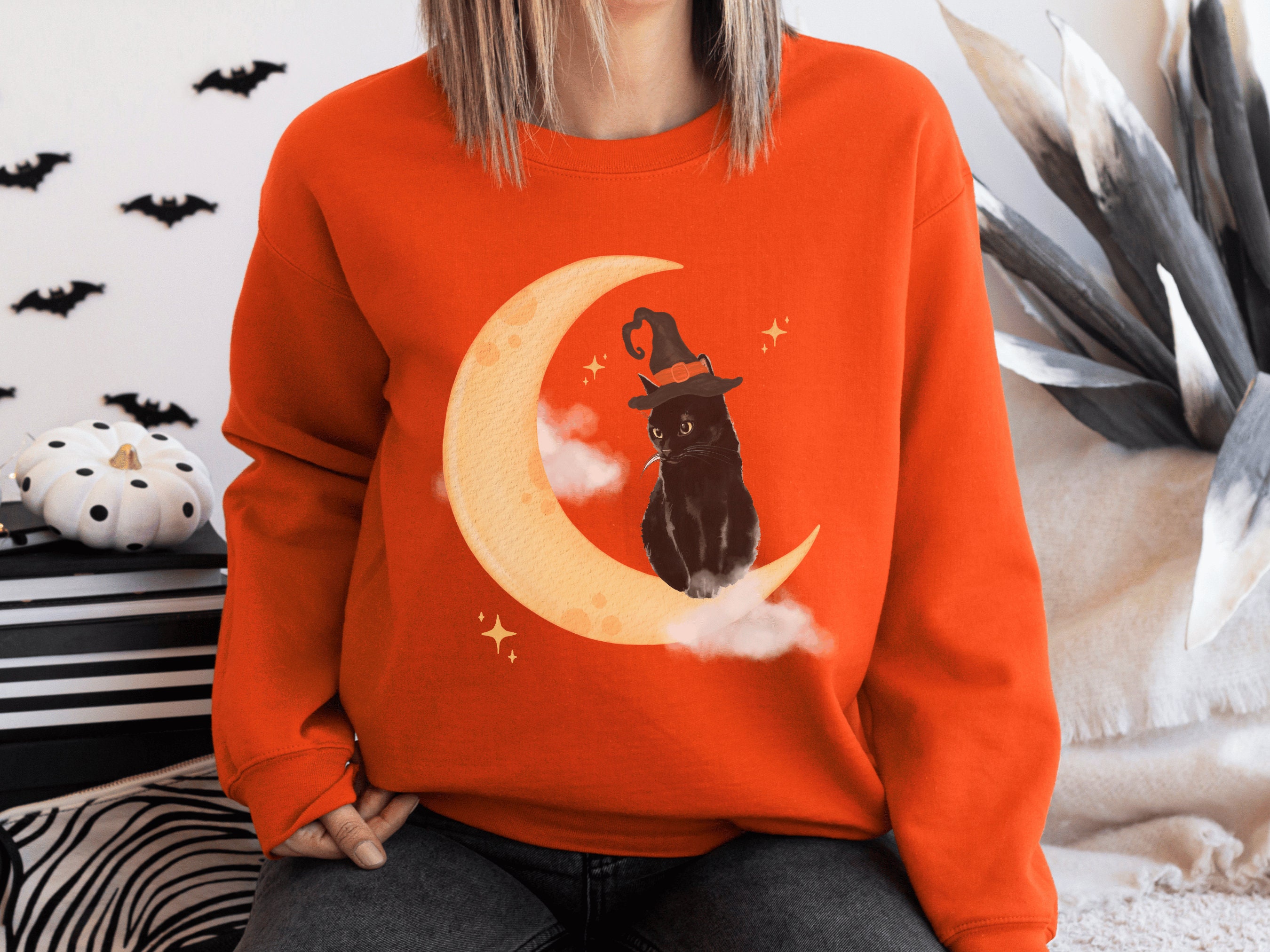 Discover Black Cat Sweatshirt Halloween Cat Shirt Cat Sweater Halloween Crew Neck Cat Mom Sweatshirt Cat Halloween Shirt Halloween Crewneck Cat