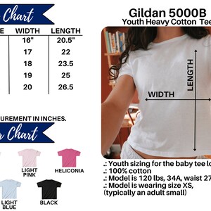 May include: Size chart for Gildan 5000B Youth Heavy Cotton Tee, showing sizes XS to XL with corresponding width and length measurements in inches. Color chart shows five t-shirt colors: white, light pink, heliconia, light blue, and black.