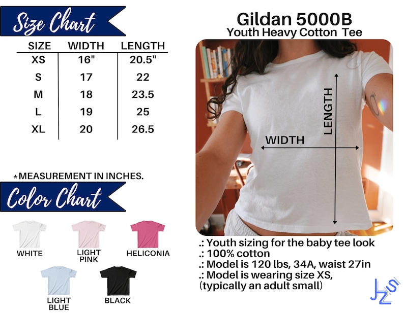 May include: Size chart for Gildan 5000B Youth Heavy Cotton Tee, showing sizes XS to XL with corresponding width and length measurements in inches. Color chart shows five t-shirt colors: white, light pink, heliconia, light blue, and black.