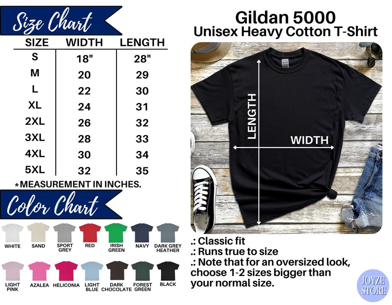 May include: Size chart for a Gildan 5000 Unisex Heavy Cotton T-Shirt. The chart shows sizes from S to 5XL with corresponding width and length measurements in inches. A black t-shirt is shown with the measurements labelled. The colour chart shows various colours available for the t-shirt.