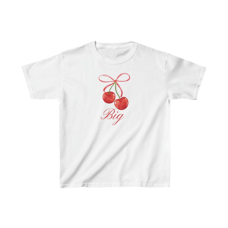 May include: White t-shirt with a red bow and two red cherries with the word "Big" printed below.