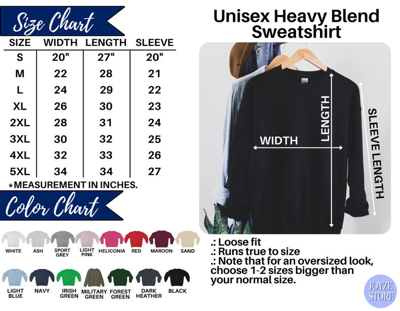 Puede incluir: Una sudadera unisex negra de mezcla pesada en una percha. La imagen incluye una tabla de tallas con medidas en pulgadas y una tabla de colores con varias opciones. La tabla de tallas muestra el ancho, largo y largo de manga para tallas S a 5XL.