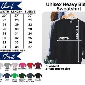 May include: Black Unisex Heavy Blend Sweatshirt with size chart and color options. The size chart shows measurements in inches, with a width of 20 inches for size S, up to 34 inches for size 5XL. Color options include white, ash, sport grey, light pink, and more.
