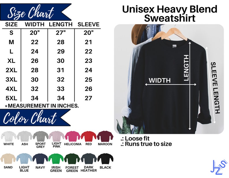 May include: Black Unisex Heavy Blend Sweatshirt with size chart and color options. The size chart shows measurements in inches, with a width of 20 inches for size S, up to 34 inches for size 5XL. Color options include white, ash, sport grey, light pink, and more.