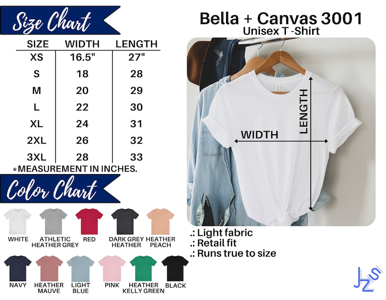 May include: Size chart for a unisex t-shirt with measurements in inches. The chart shows the width and length of the shirt in different sizes, from XS to 3XL. A white t-shirt is shown on a hanger with the words "WIDTH" and "LENGTH" labeled on the shirt. The chart also includes a color chart with different colors of t-shirts.