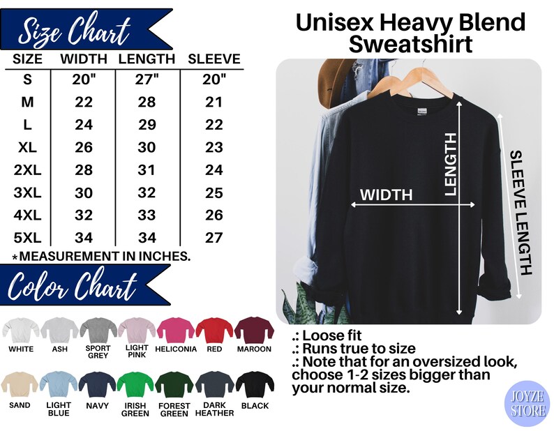 May include: Size chart for a unisex heavy blend sweatshirt. The chart shows measurements in inches for width, length, and sleeve length for sizes S through 5XL. A color chart shows 12 different colors for the sweatshirt.