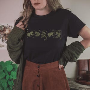 Pu&ograve; includere: Una maglietta nera con una linea di cinque rane in un design circolare. Le rane sono contornate d'oro e riempite di verde. La maglietta &egrave; indossata da una persona con i capelli lunghi castani e una gonna marrone.
