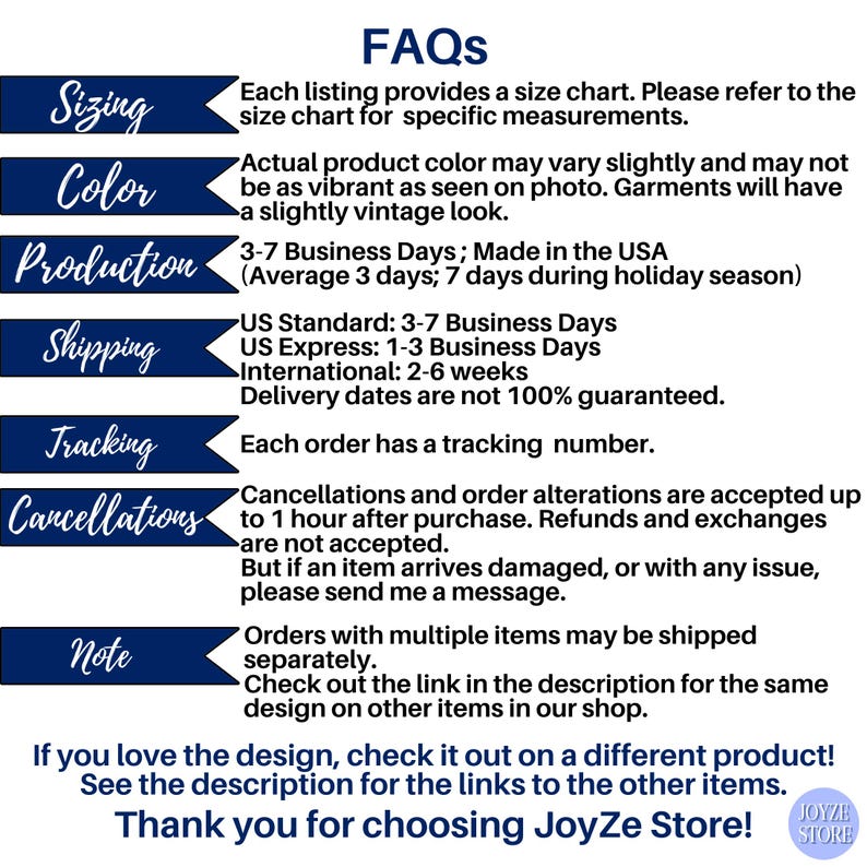 May include: A blue and white graphic with the text "FAQs" in large white letters. The graphic lists information about sizing, colour, production, shipping, tracking, cancellations, and notes. The text includes information about production time, shipping times, and return policies.