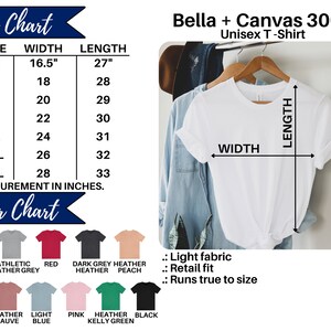 May include: Size chart for a unisex t-shirt with measurements in inches. The chart shows the width and length of the shirt in different sizes, from XS to 3XL. A white t-shirt is shown on a hanger with the words "WIDTH" and "LENGTH" marked on it. The t-shirt is made of a light fabric and has a retail fit. The chart also includes a colour chart with different colours of t-shirts.
