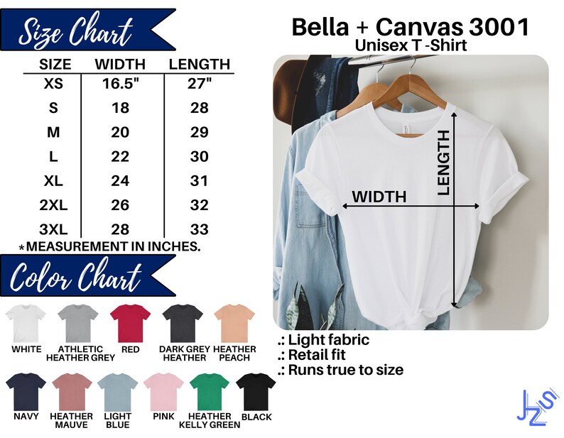 May include: Size chart for a unisex t-shirt with measurements in inches. The chart shows the width and length of the shirt in different sizes, from XS to 3XL. A white t-shirt is shown on a hanger with the words "WIDTH" and "LENGTH" marked on it. The t-shirt is made of a light fabric and has a retail fit. The chart also includes a colour chart with different colours of t-shirts.