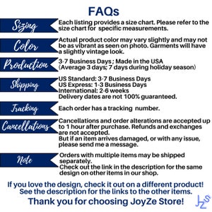 Peut inclure: Un graphique bleu marine et blanc avec le mot "FAQs" en haut. Le graphique &eacute;num&egrave;re des informations sur le dimensionnement, la couleur, la production, l'exp&eacute;dition, le suivi, les annulations et une note. Le texte "Thank you for choosing JoyZe Store!" est en bas.