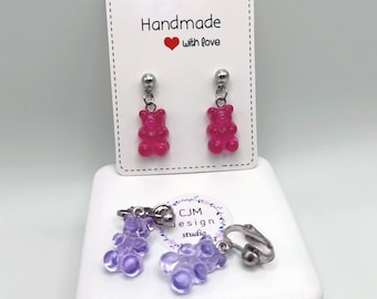 Gummy Bear Earrings - UV Resin, Assorted Colors, Studs Or Clip-Ons, Cute Funny Jewelry