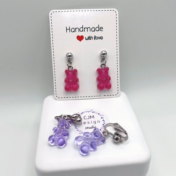 Gummy Bear Earrings - UV Resin, Assorted Colors, Studs Or Clip-Ons, Cute Funny Jewelry