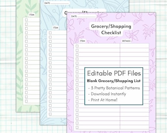 Digital Grocery List Bundle, Aesthetic Shopping Checklist, Editable Organizer, Grocery Store List, Botanical, Pretty Floral Planner