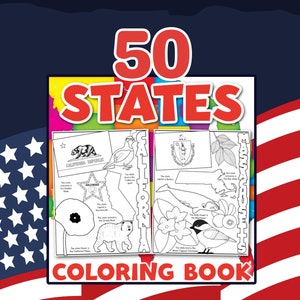 50 States Coloring Book, United States Coloring Pages, USA Coloring Page, Homeschool Geography Sheets, Kids Activity for Roadtrips