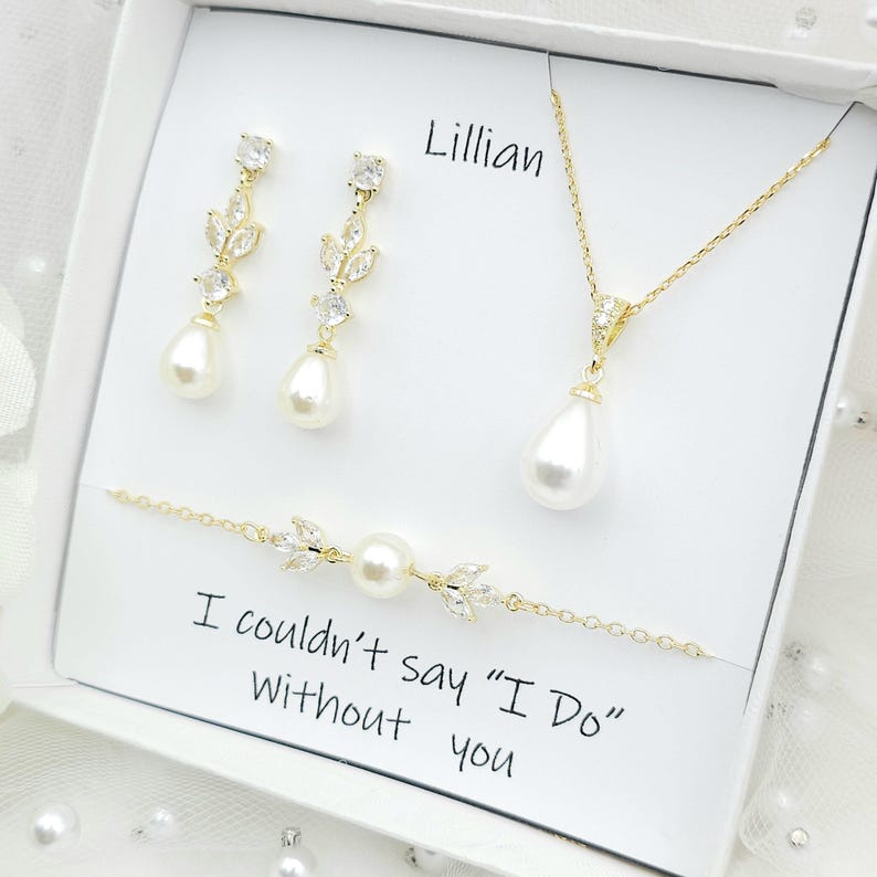 GOLD, SILVER Leaf with 10MM Teardrop Earring, Necklace, Bracelet 3Set. Bridesmaid Jewelry Set. Bridal Jewelry Set.-3colors image 7