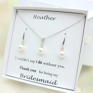 925 Sterling Silver Earring Hook Silver Round 8mm Pearl Dangle Bridesmaid Necklace  Earring Set. 8MM Silver  Pearl Necklace & Earring.