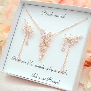 Cubic Zirconia Leaf Drop Earring & Necklace Set. 925 Silver post Small Teardrop Earring and Leaf Necklace Set. bridesmaid Gift Set.
