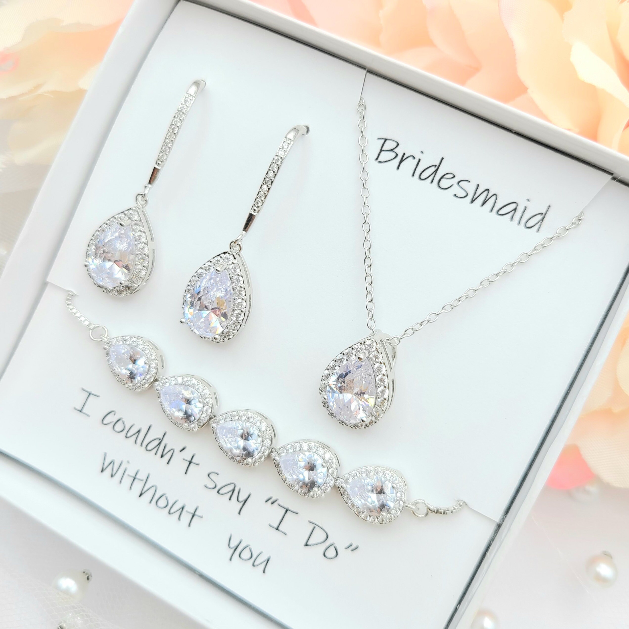 Silver Teardrop Necklace and Earring, Bracelet 3set .rose Gold Cubic