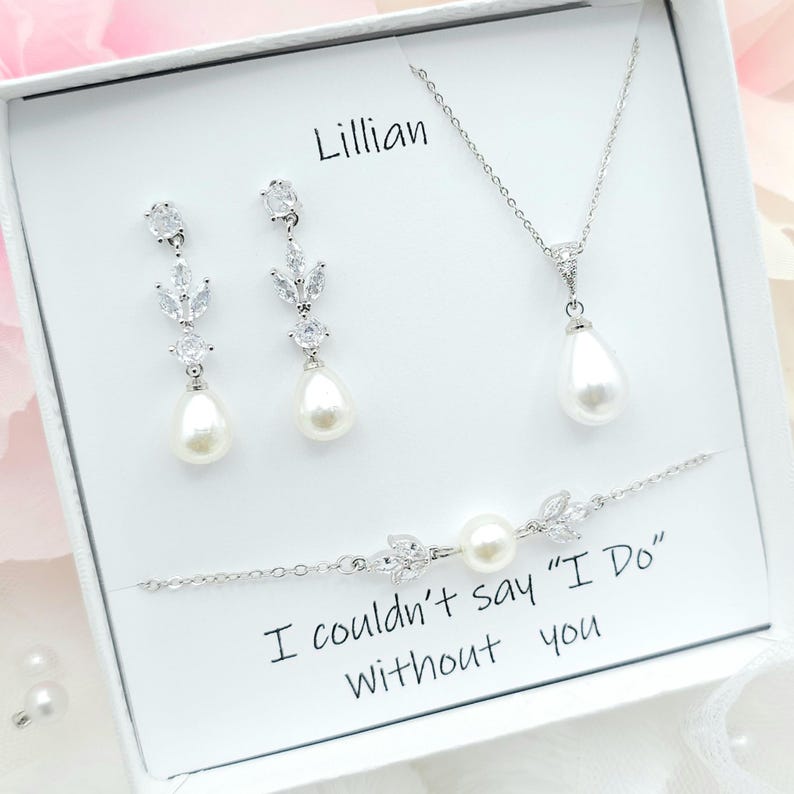 GOLD, SILVER Leaf with 10MM Teardrop Earring, Necklace, Bracelet 3Set. Bridesmaid Jewelry Set. Bridal Jewelry Set.-3colors image 5