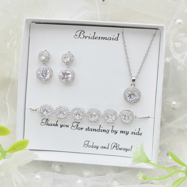 AAA Cubic Zirconia Double Halo Dangle Earring & Necklace, Bracelet  Set.   Silver Dangle Halo Earring,necklace . Bridesmaid Jewelry Set.