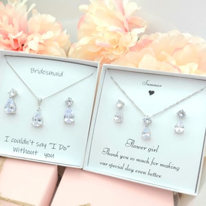 Cubic Zirconia Teardrop Necklace and Earring Set. Tiny Flower Girl Teardrop Necklace ,earring Set. Bridesmaid Teardrop Necklace Earring set.