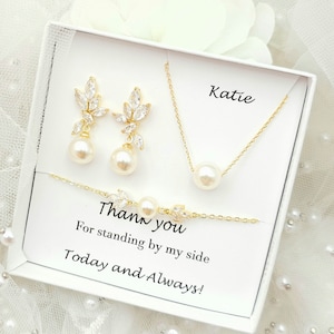 10MM Round Pearl Necklace Leaf with Pearl Dangle Earring. Bridal Jewelry Set. Bridesmaid Jewelry. Pearl Jewelry Set.- Rose gold, Silver,Gold