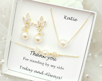 10MM Round Pearl Necklace Leaf with Pearl Dangle Earring. Bridal Jewelry Set. Bridesmaid Jewelry. Pearl Jewelry Set.- Rose gold, Silver,Gold