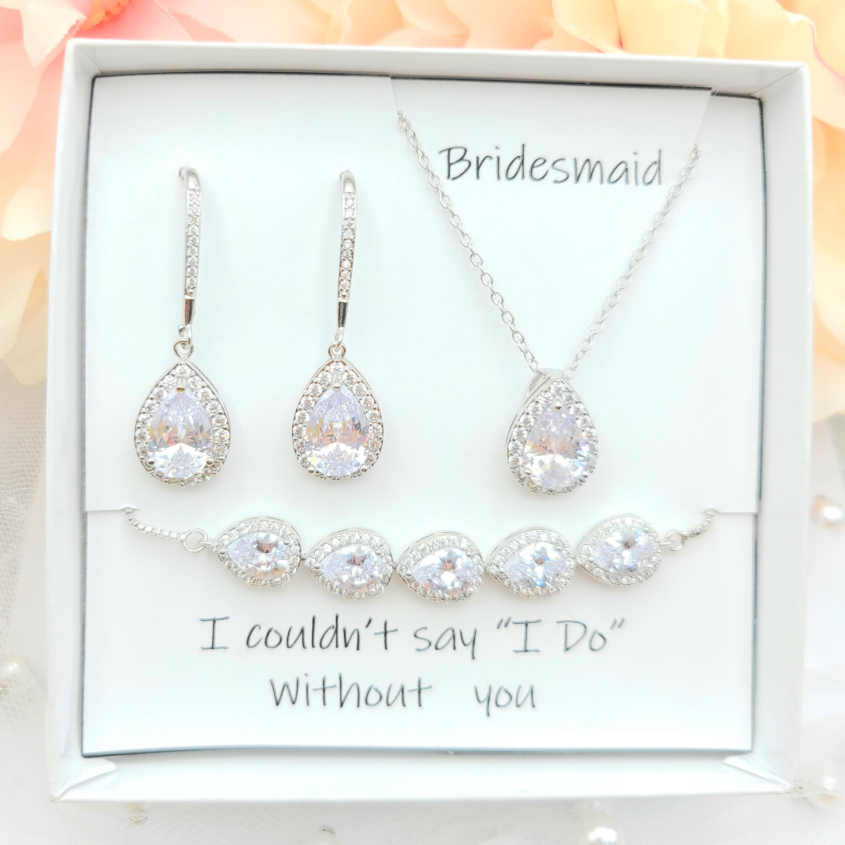 Silver Teardrop Necklace and Earring, Bracelet 3set .rose Gold Cubic