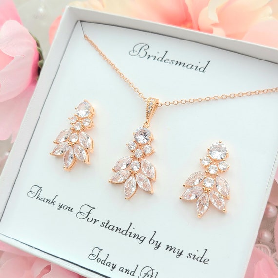 Cubic Zirconia Leaf Drop Earring & Necklace Set. 925 Silver  Bridesmaid Necklace Earrings Set Gift Cubic Zirconia Leaf Pendant Jewelry Set main image 1