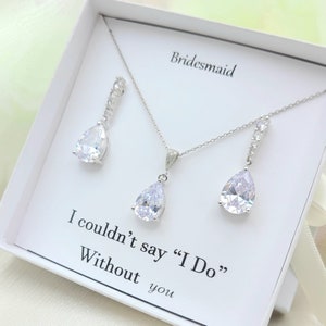 Bridesmaid TearDrop Necklace & Earring.  Silver CZ TearDrop  Necklace Earring.  AAA Crystal TearDrop Earring. Bridesmaid Gift.