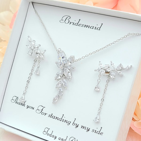 Cubic Zirconia Leaf Drop Earring & Necklace Set. 925 Silver post Small Teardrop Earring and Leaf Necklace Set. bridesmaid Gift Set.