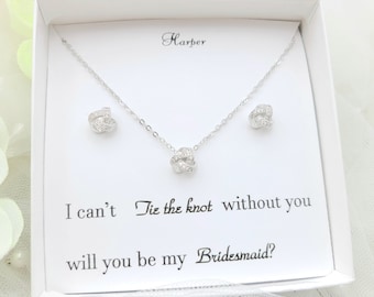 Thin Tie the knot Necklace and Earring. Cubic Zirconia Tie The Knot Necklace Earring. Bridesmaid , Flower girl Gift Set.