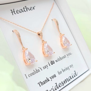 Rose gold Cubic Zirconia Tear Drop necklace & Earring Set . Silver Clear Teardrop Necklace and Earring Bridesmaid  Gift. Bridal Gift.