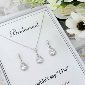 Bridesmaid Teardrop necklace & Earring Set.  Silver Teardrop Necklace ,Earring Set. Teardrop Necklace And Earring Set.